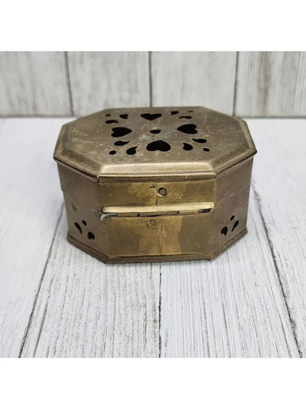 Vintage Solid Brass Octagon Cricket Trinket Jewelry Box Hinged Lid - India Made